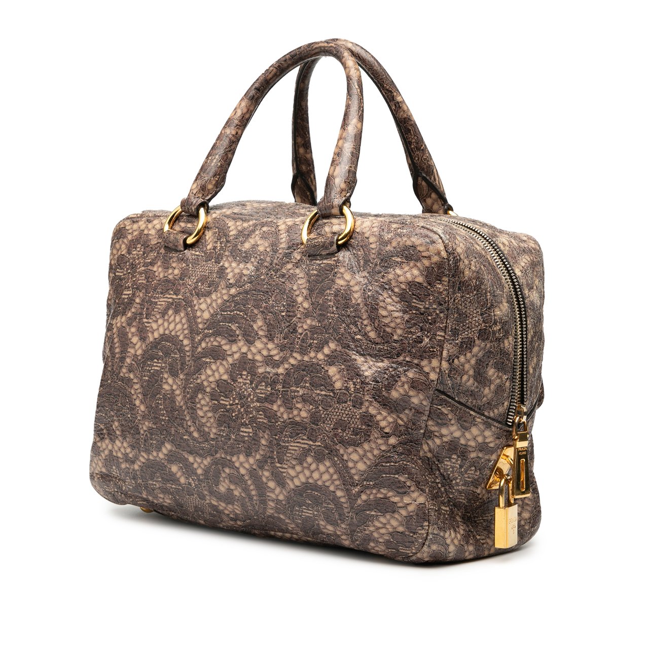 Prada Cervo Lux Lace Print Bauletto Handbag Bruin