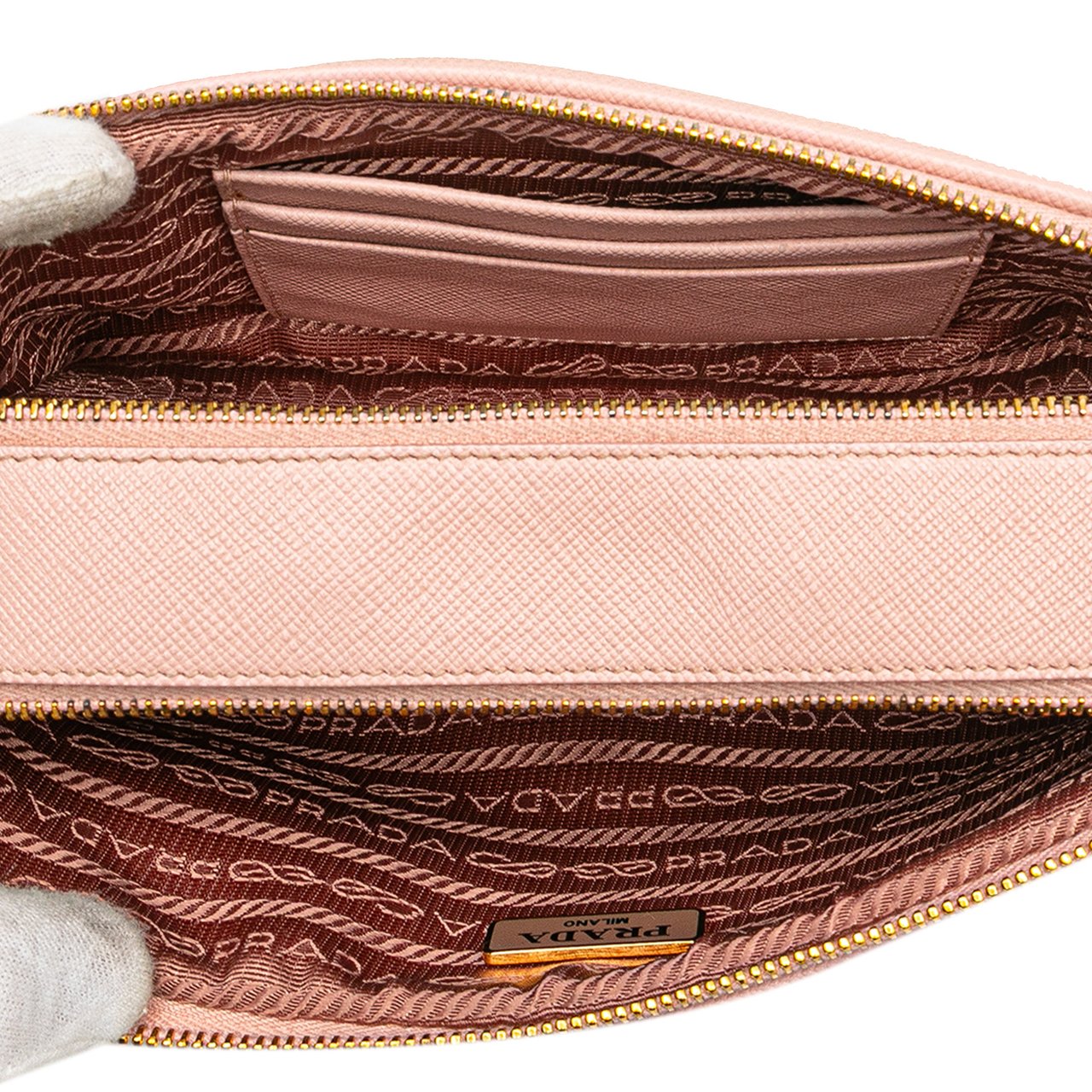 Prada Mini Saffiano Double Zip Crossbody Roze
