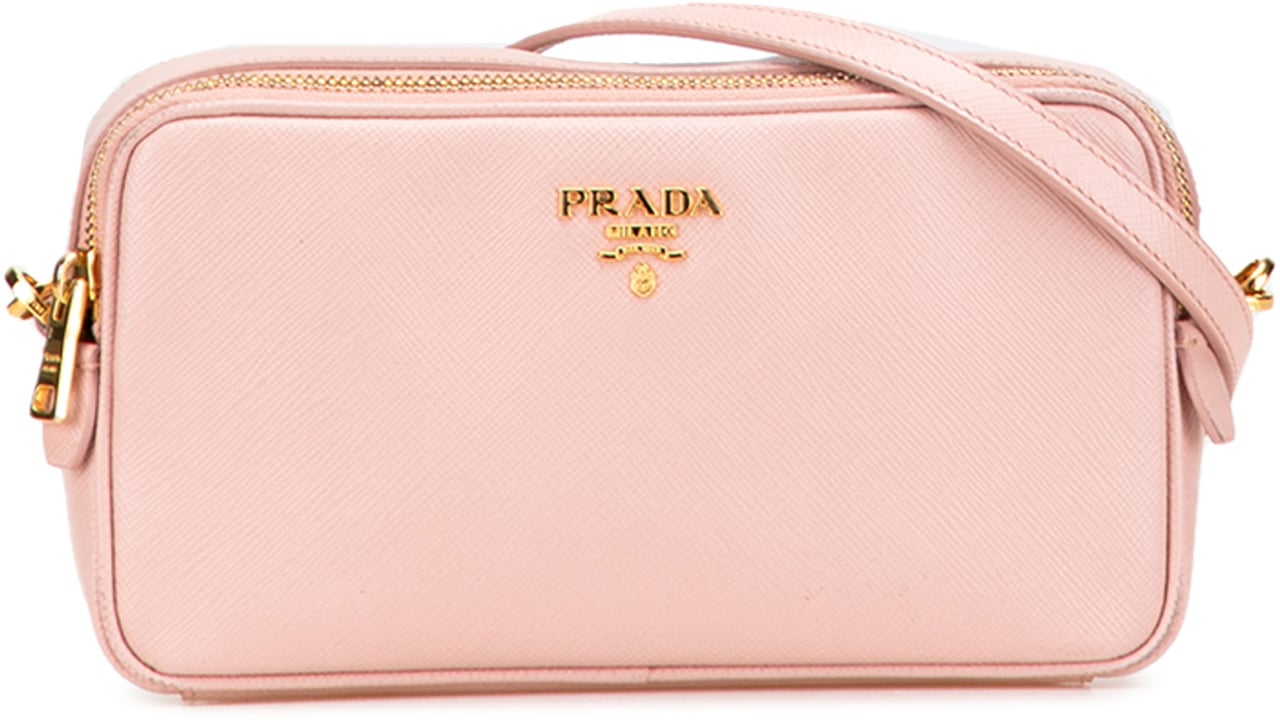 Prada Mini Saffiano Double Zip Crossbody Roze