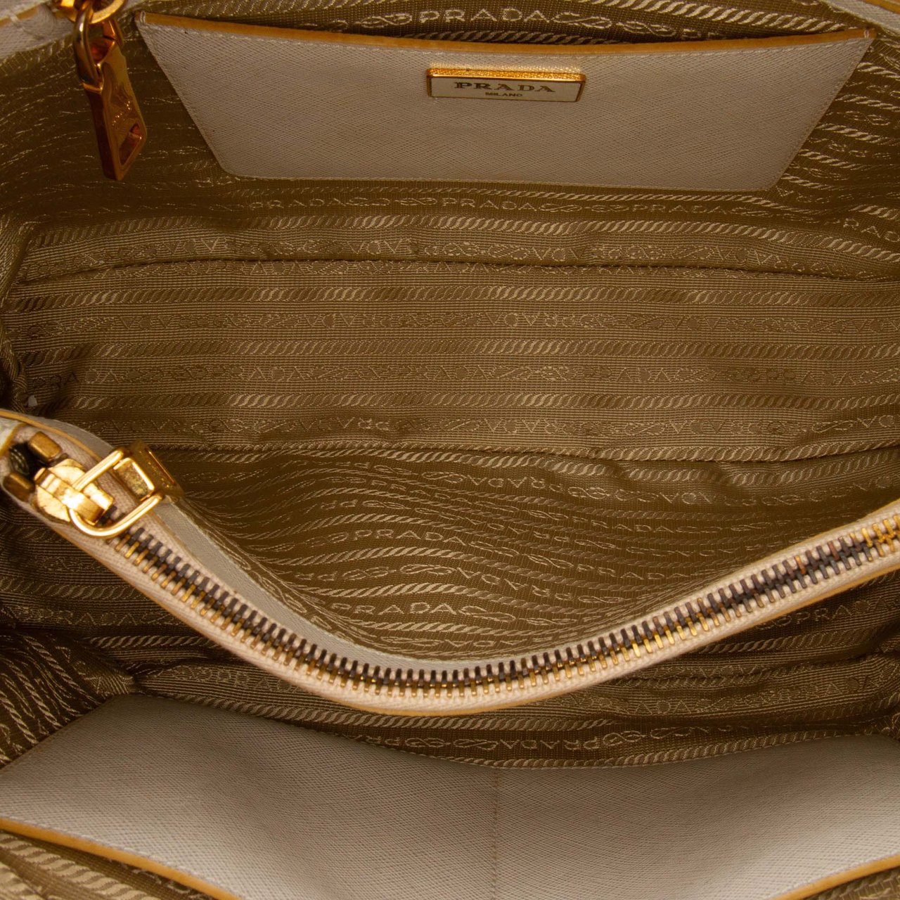 Prada Medium Bicolor Saffiano Lux Promenade Satchel Geel