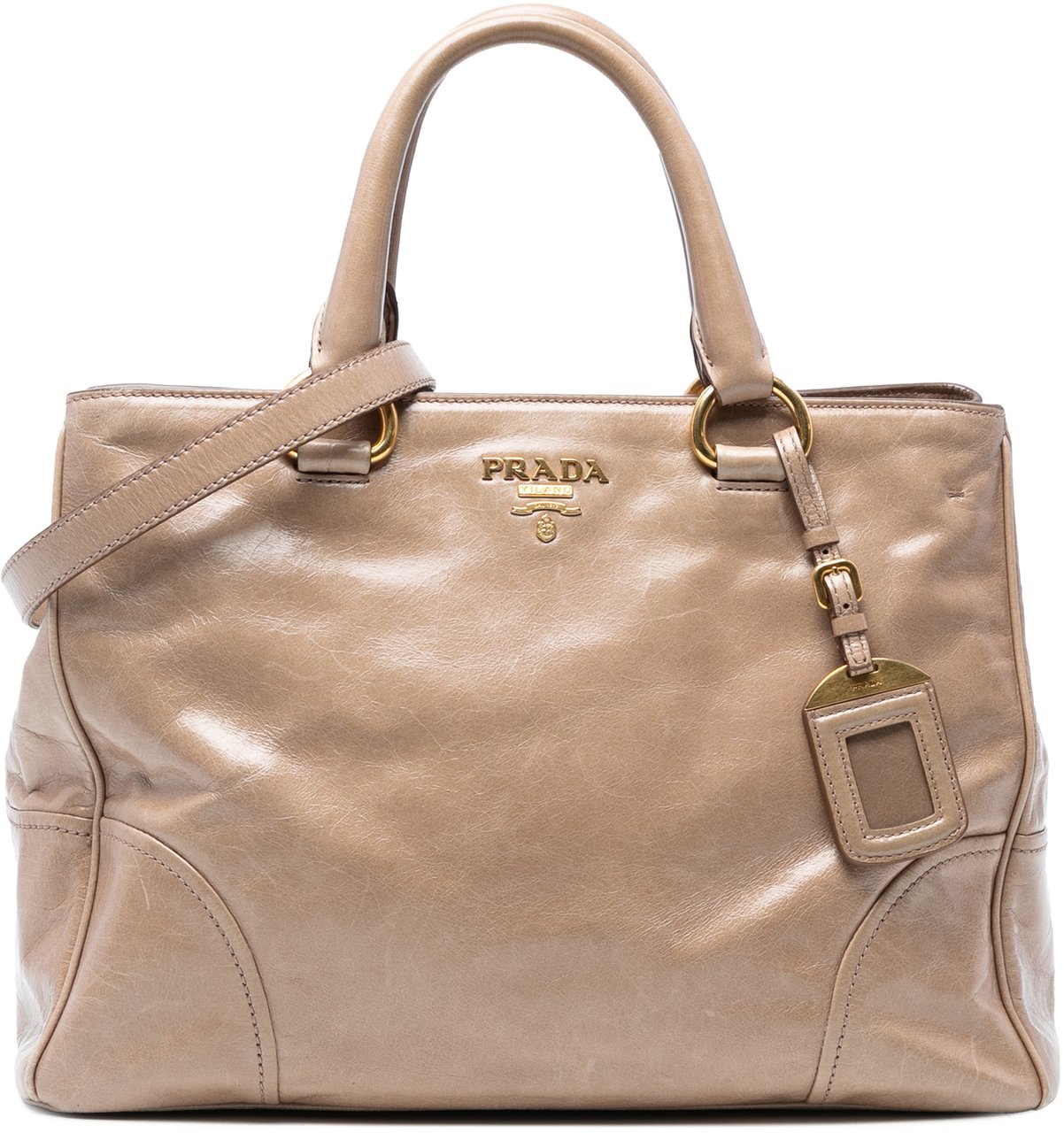 Prada Vitello Shine Open Convertible Tote Bruin