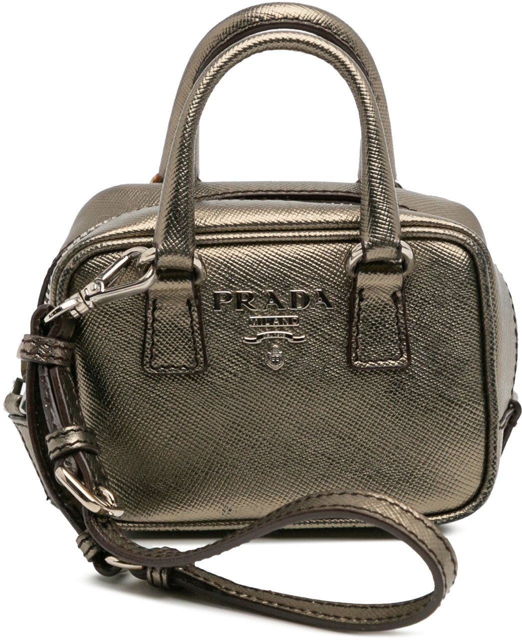 Prada Mini Metallic Saffiano Top Handle Bag Charm Grijs
