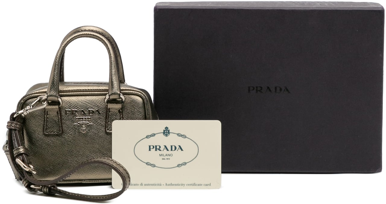 Prada Mini Metallic Saffiano Top Handle Bag Charm Grijs
