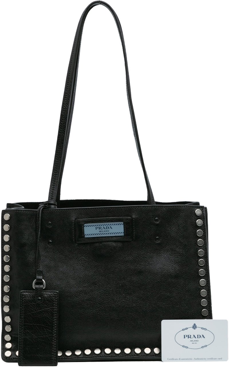 Prada Glace Calf Studded Etiquette Tote Zwart
