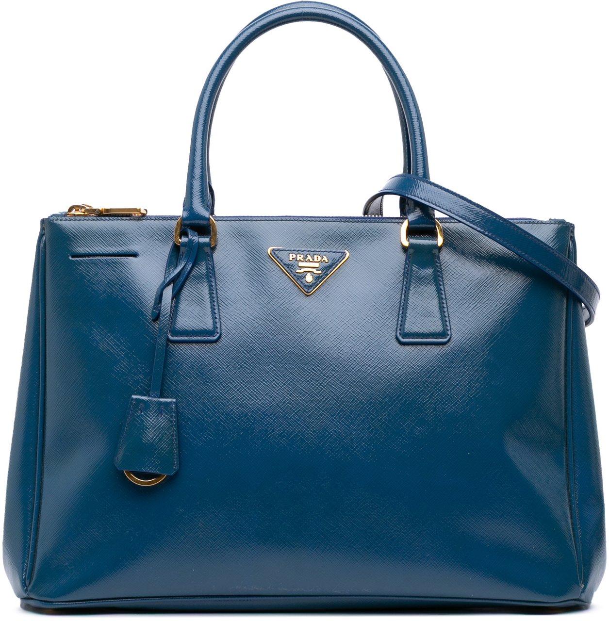 Prada Medium Saffiano Vernice Galleria Double Zip Satchel Blauw