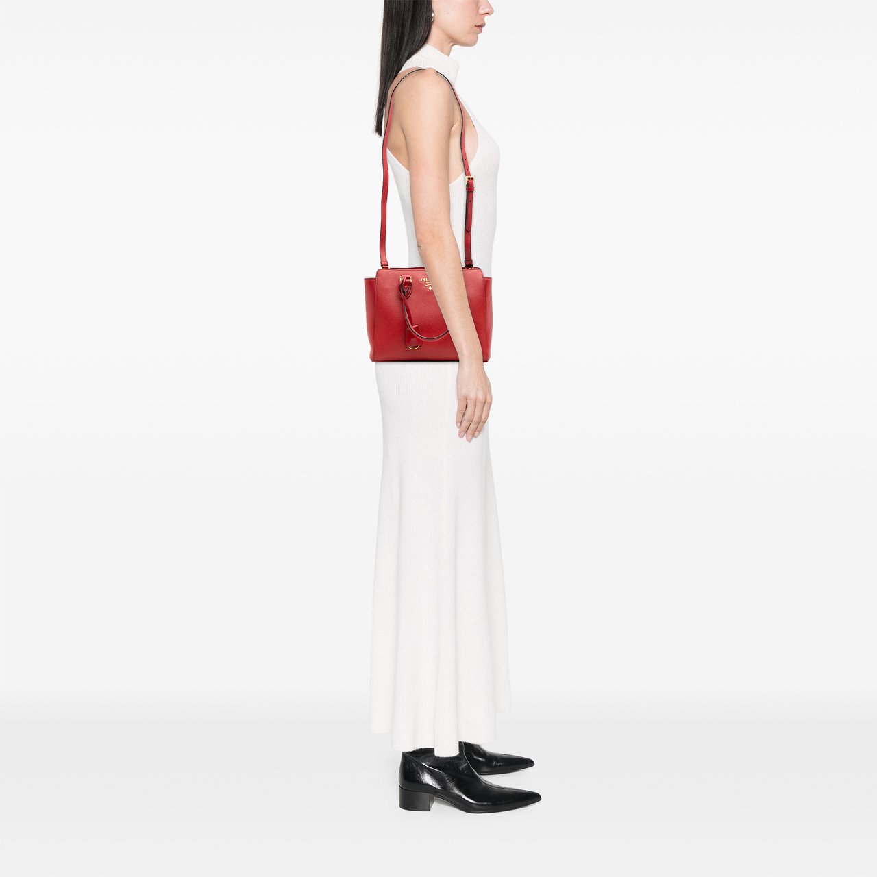 Prada Soft Calf Trimmed Saffiano Lux Open Convertible Tote Rood