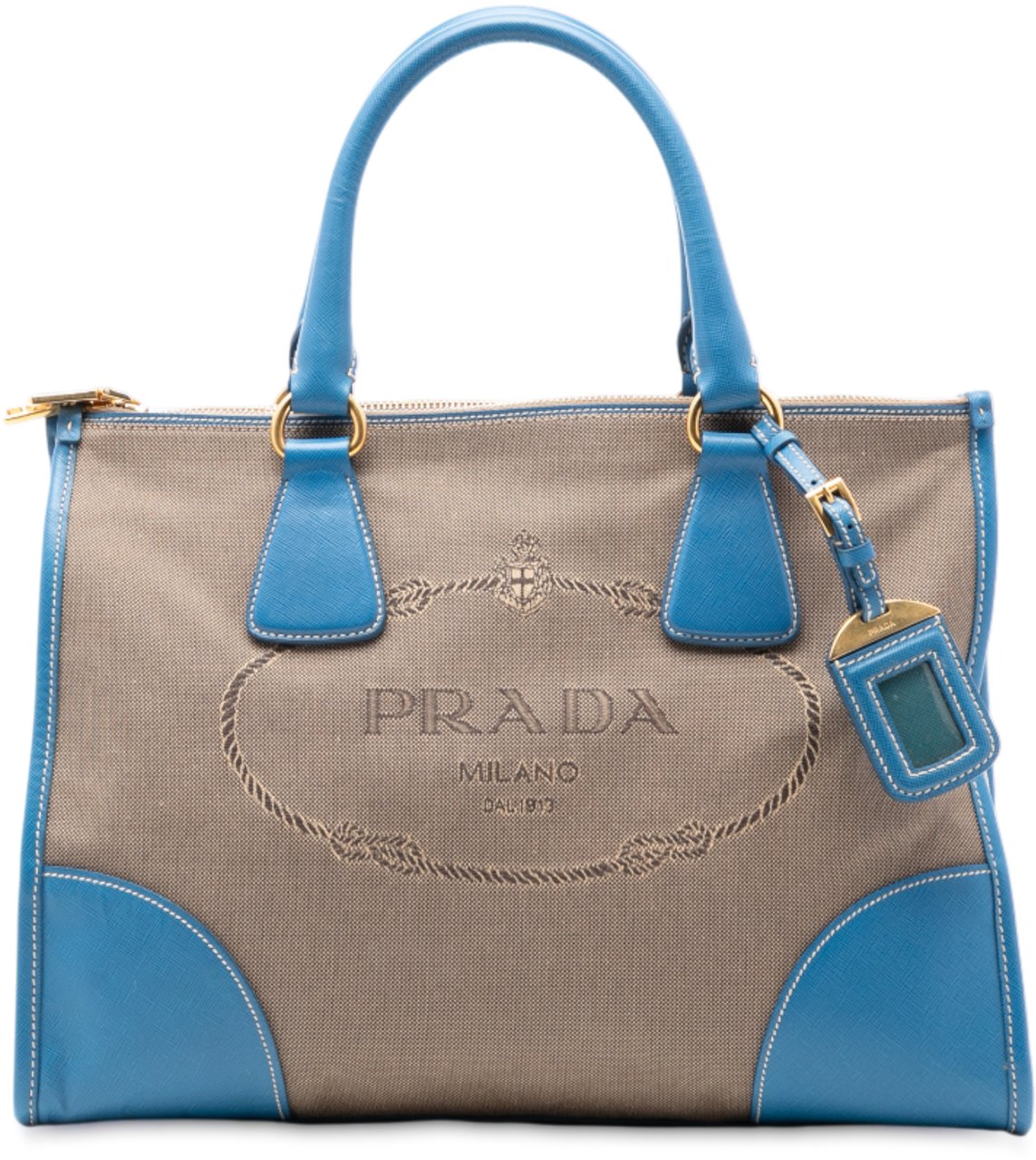Prada Saffiano Trimmed Canvas Canapa Logo Double Zip Satchel Bruin