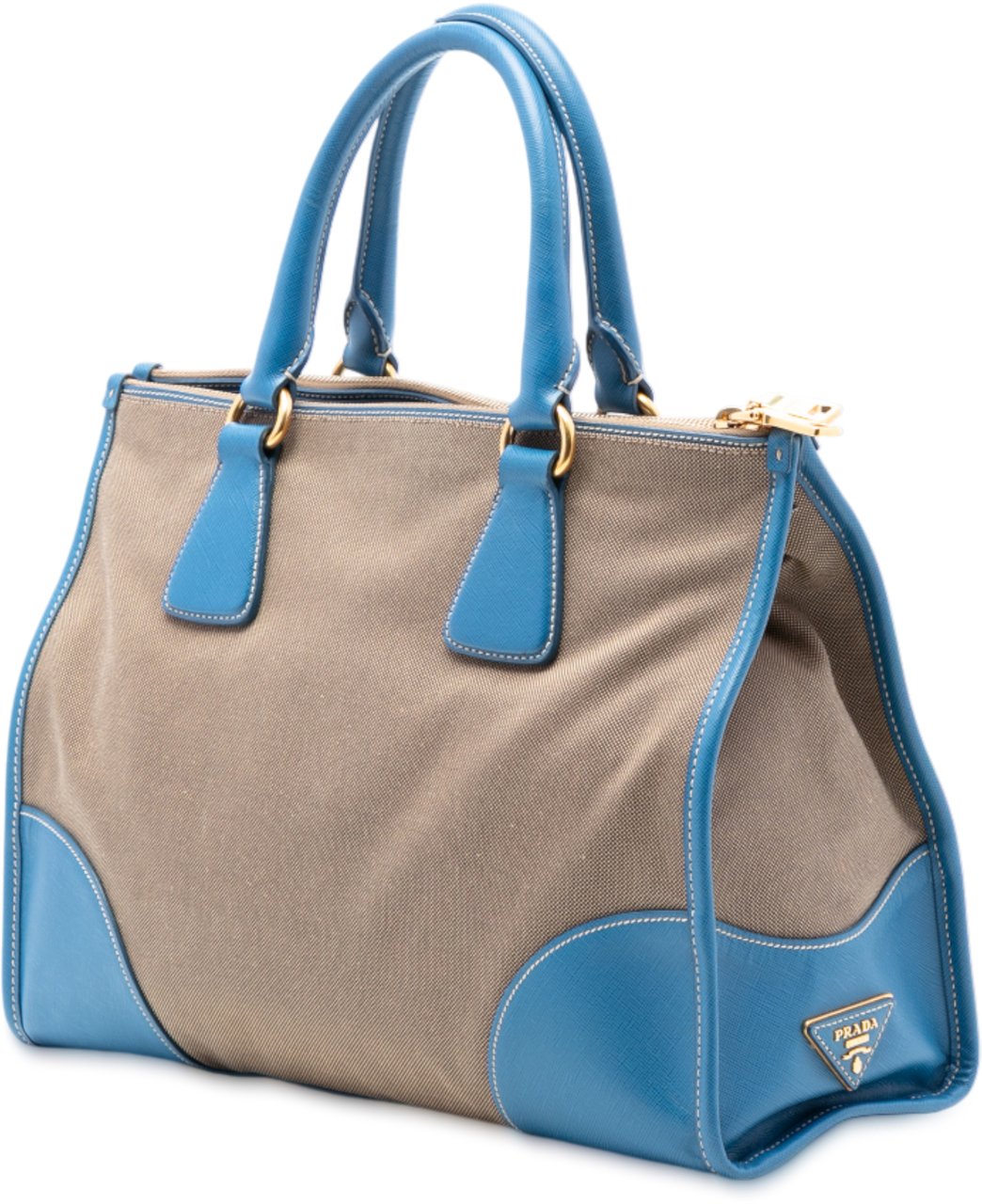 Prada Saffiano Trimmed Canvas Canapa Logo Double Zip Satchel Bruin