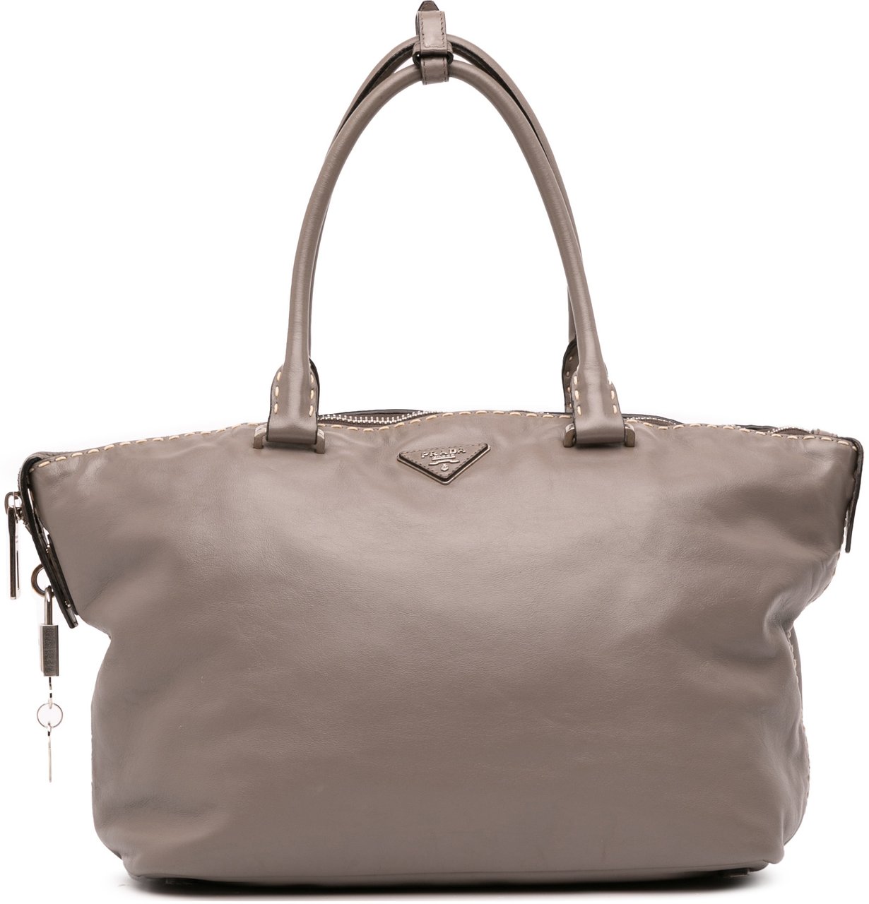 Prada City Calf Hand Stitched Zip Tote Bruin
