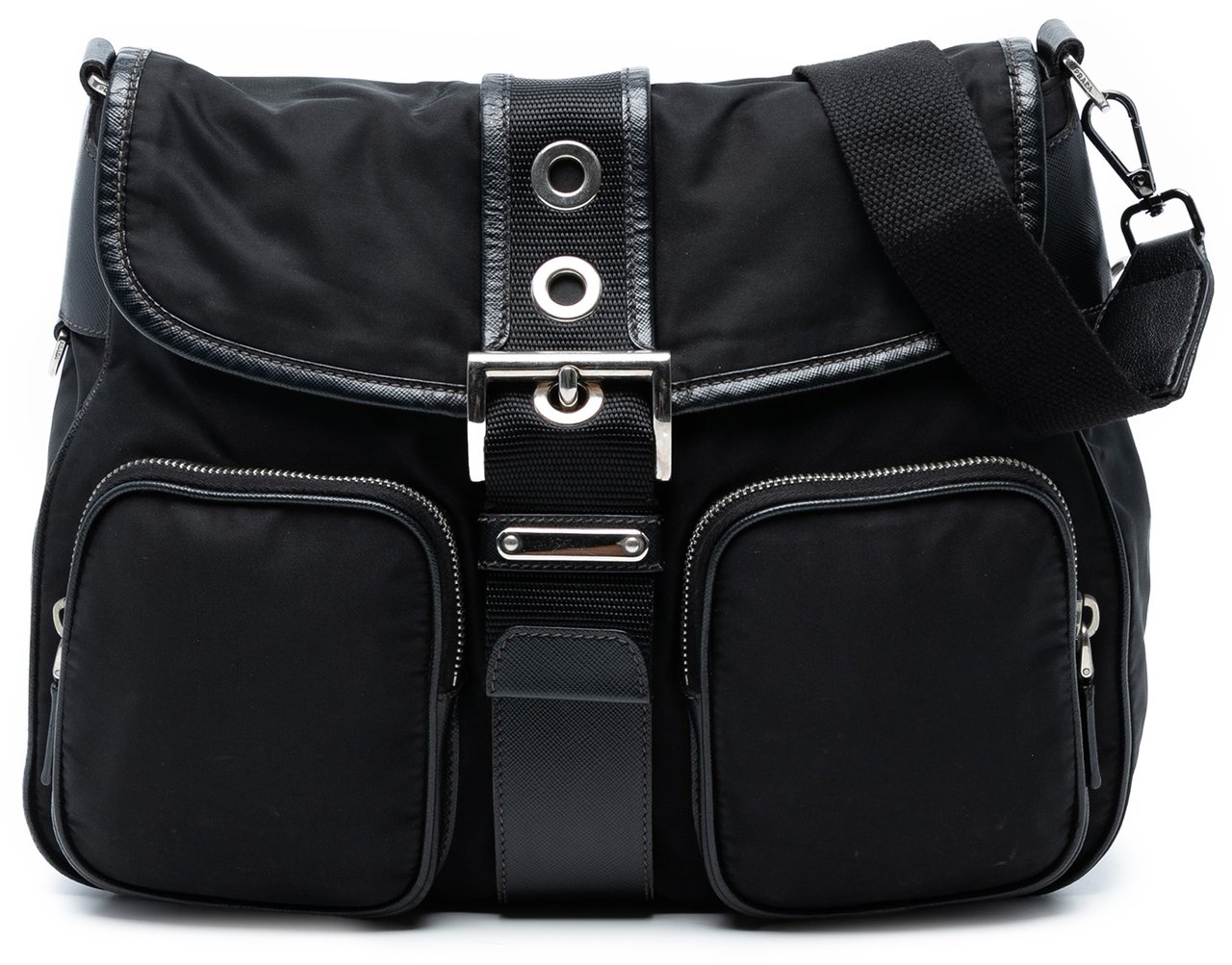 Prada Saffiano Trimmed Tessuto Buckle Messenger Bag Zwart