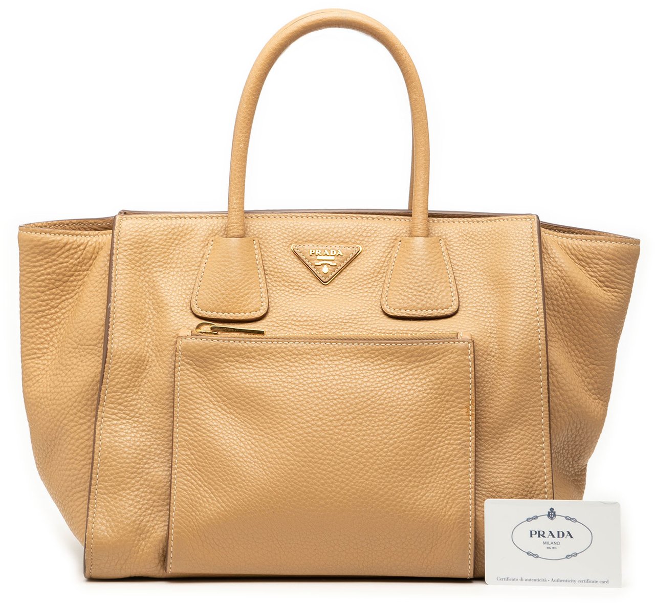 Prada Vitello Daino Front Pocket Open Convertible Tote Bruin