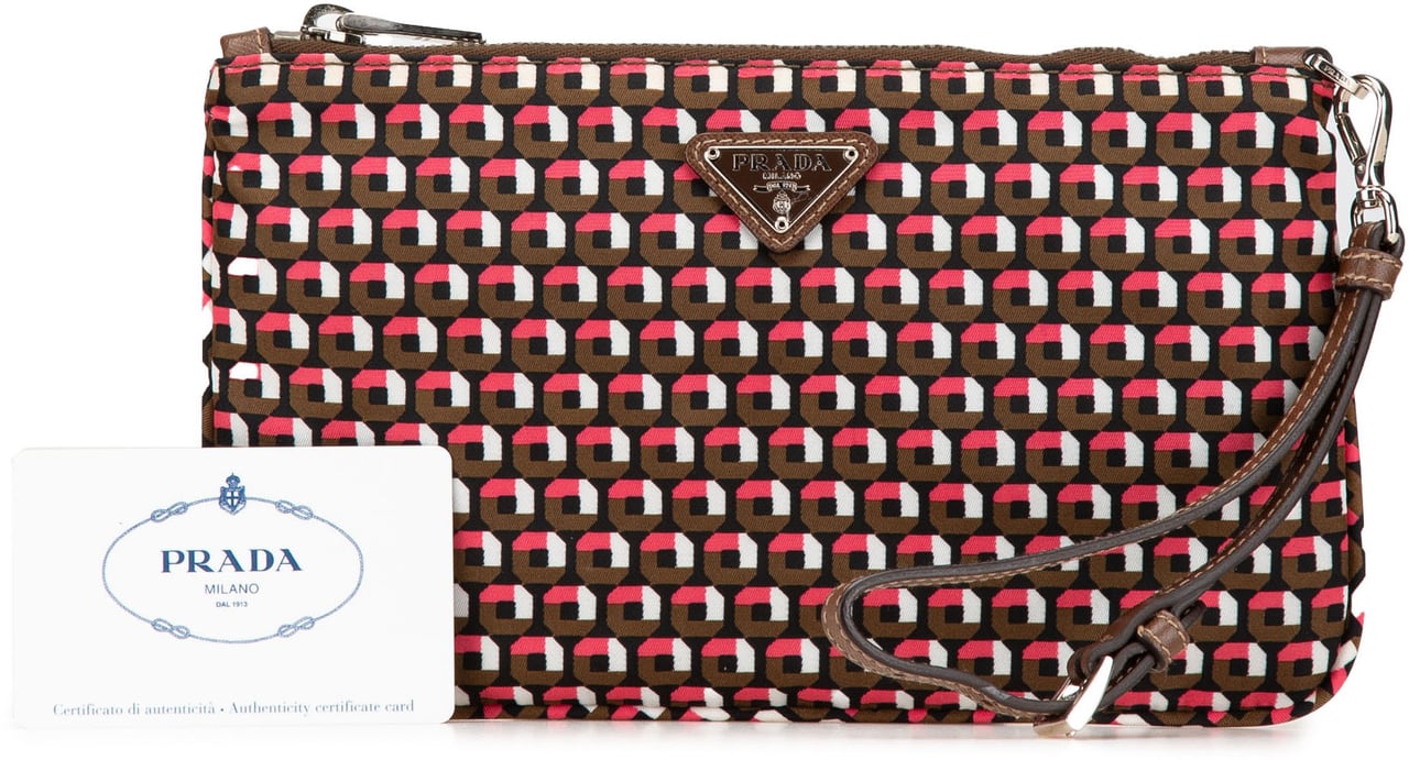 Prada Tessuto Stampato Wristlet Clutch Bruin