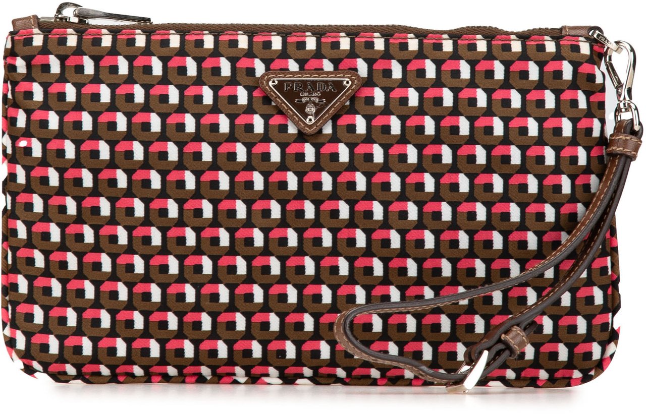 Prada Tessuto Stampato Wristlet Clutch Bruin
