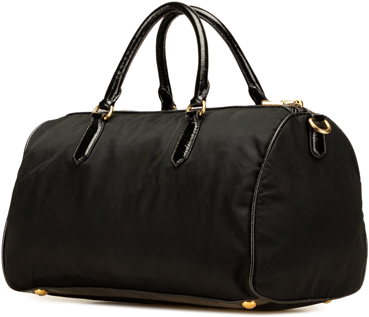 Prada Vernice Trimmed Tessuto Boston Bag Zwart