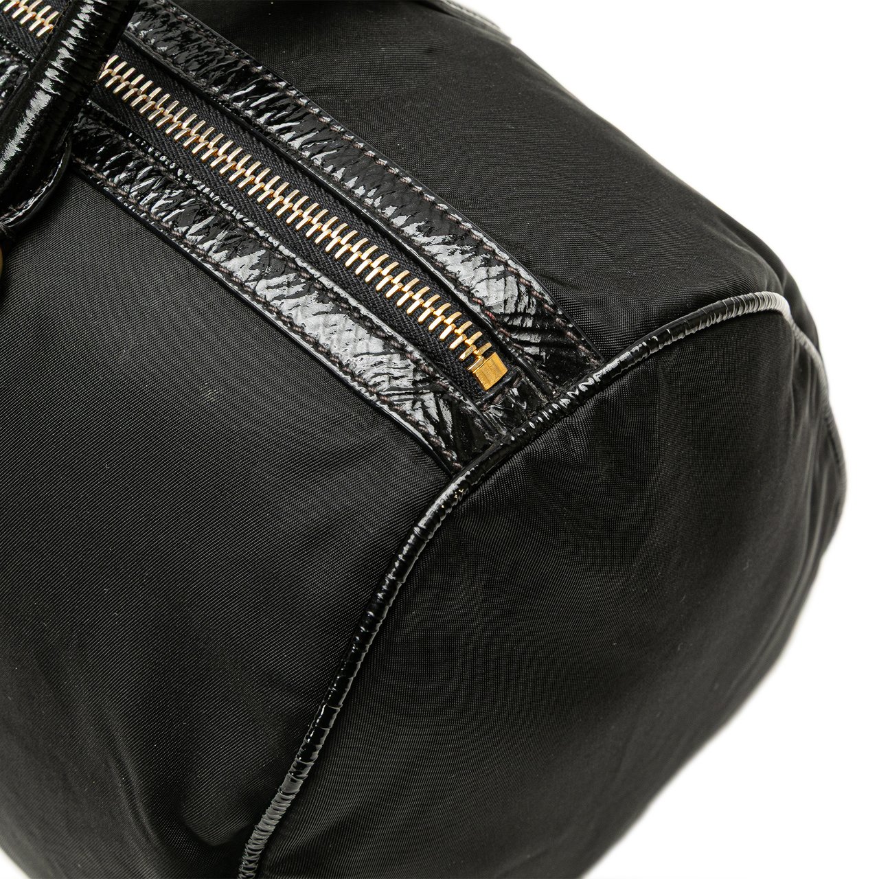 Prada Vernice Trimmed Tessuto Boston Bag Zwart