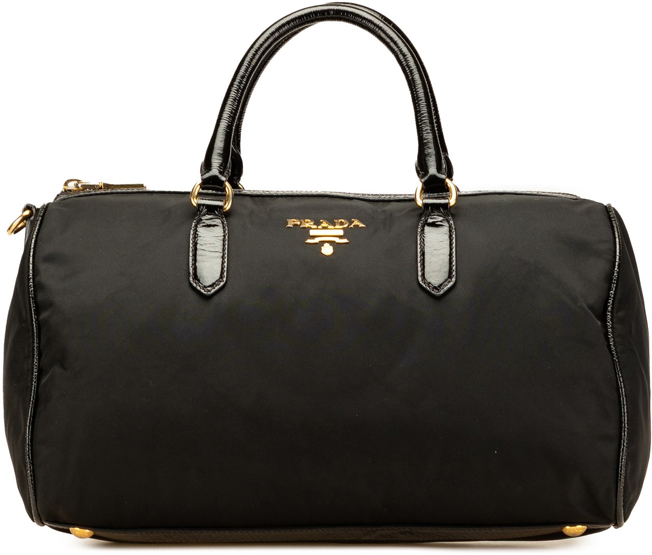 Prada Vernice Trimmed Tessuto Boston Bag Zwart