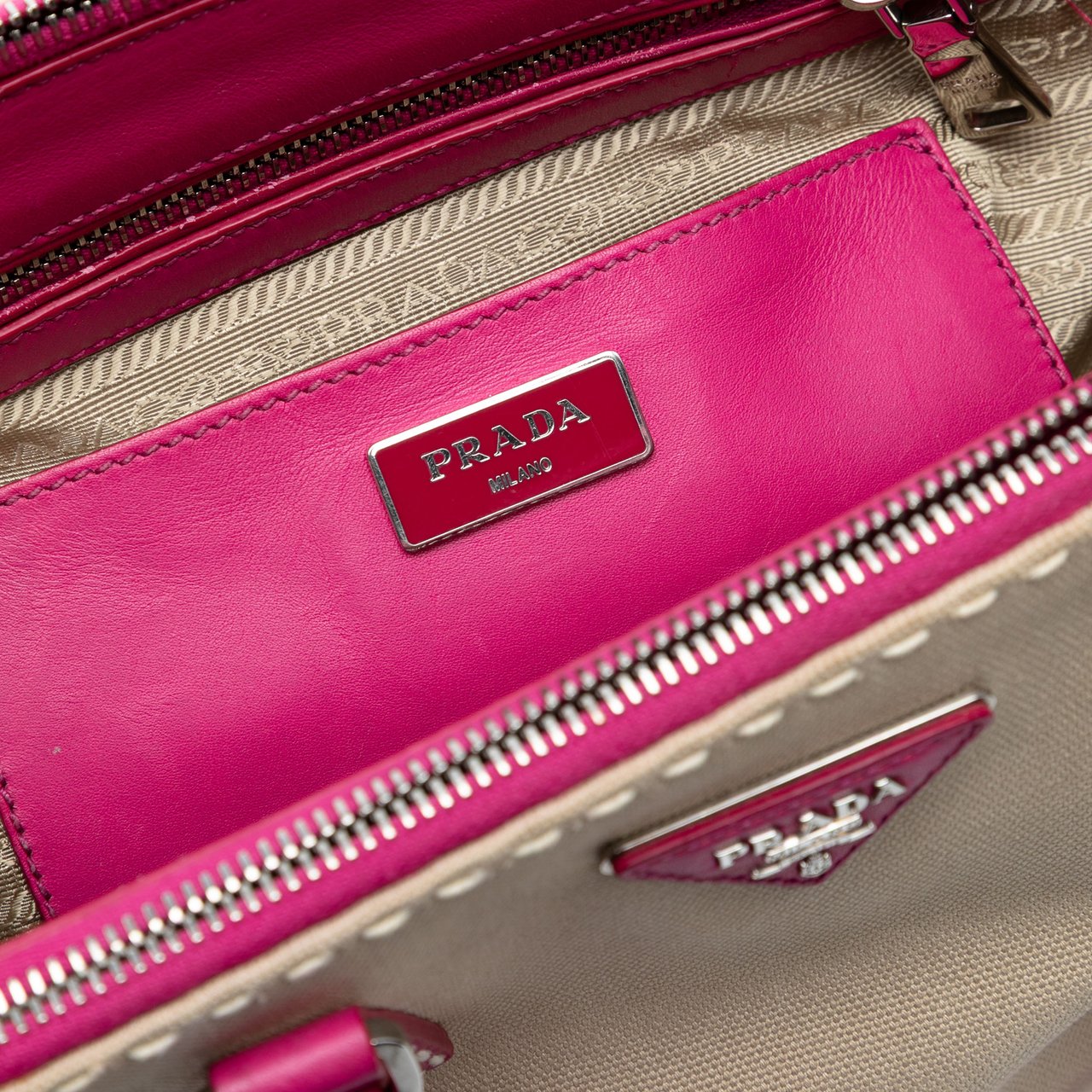 Prada Small Canvas and City Calf Hand Stitched Galleria Double Zip Satchel Bruin