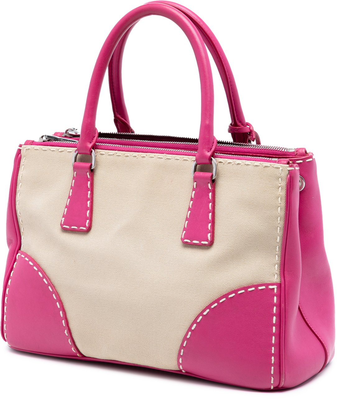 Prada Small Canvas and City Calf Hand Stitched Galleria Double Zip Satchel Bruin