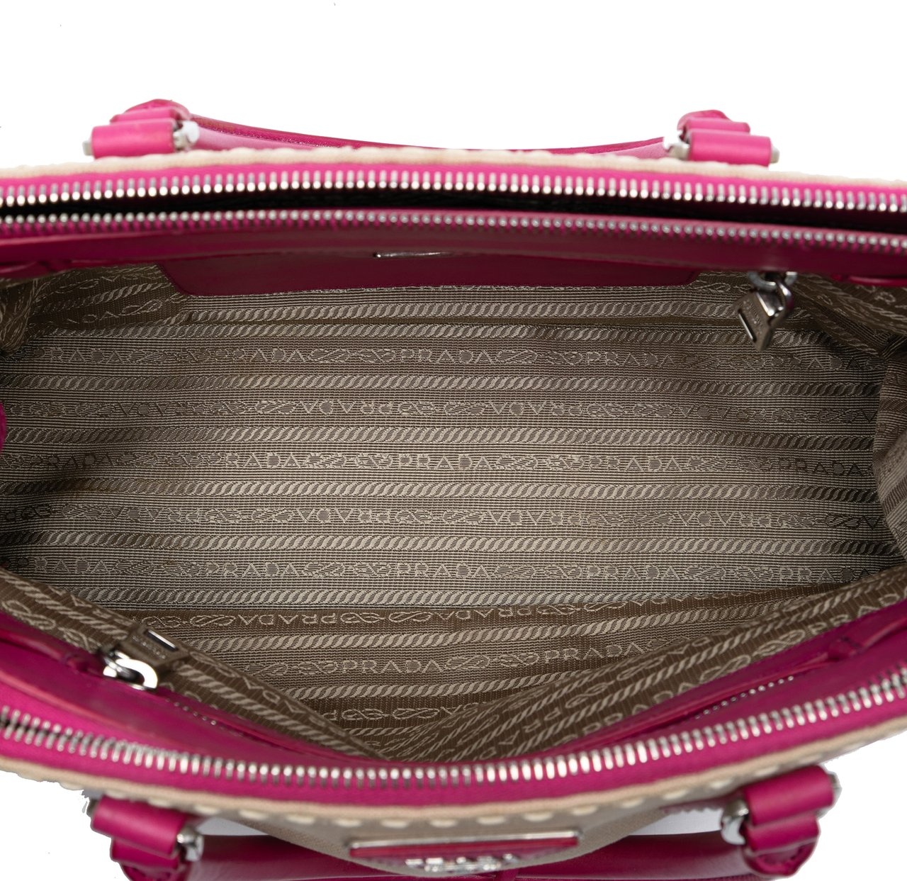 Prada Small Canvas and City Calf Hand Stitched Galleria Double Zip Satchel Bruin