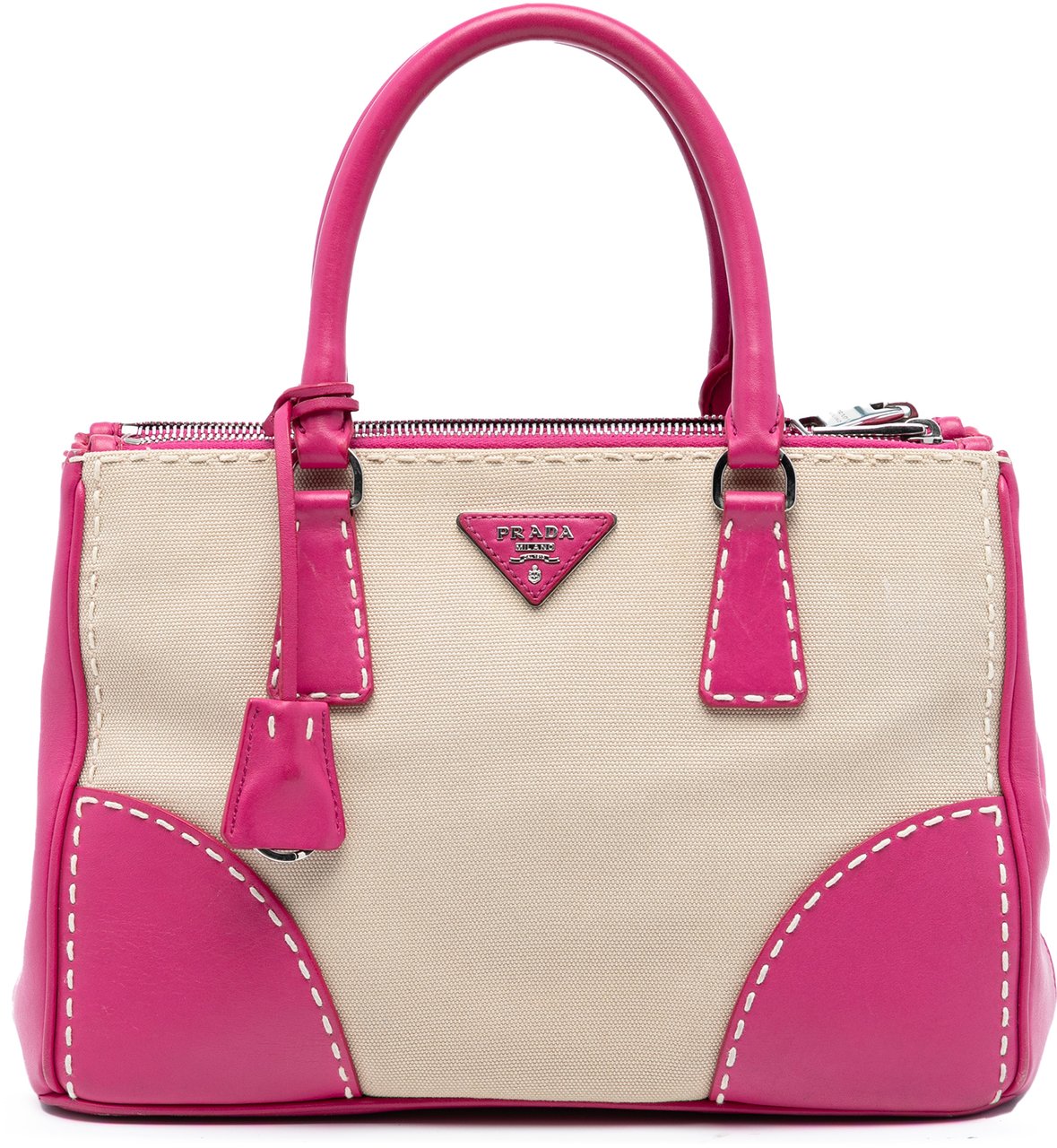 Prada Small Canvas and City Calf Hand Stitched Galleria Double Zip Satchel Bruin