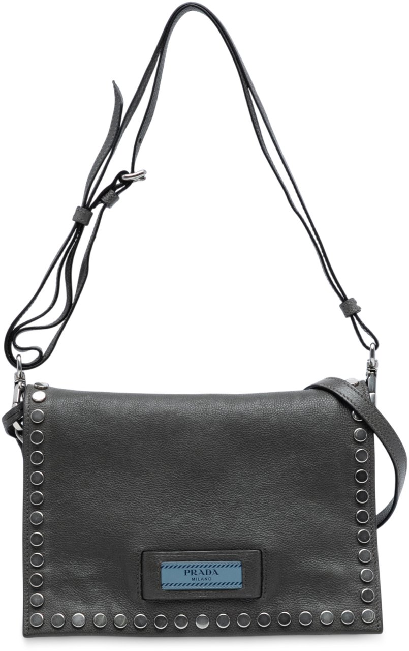 Prada Glace Calfskin Studded Etiquette Flap Grijs