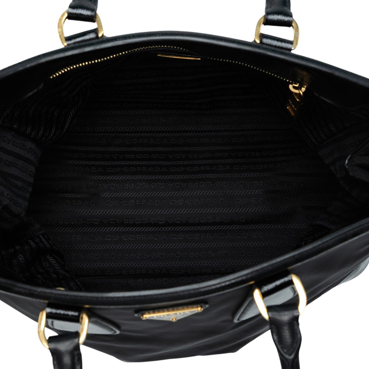 Prada Saffiano Vernice Trimmed Tessuto Parabole Tote Zwart