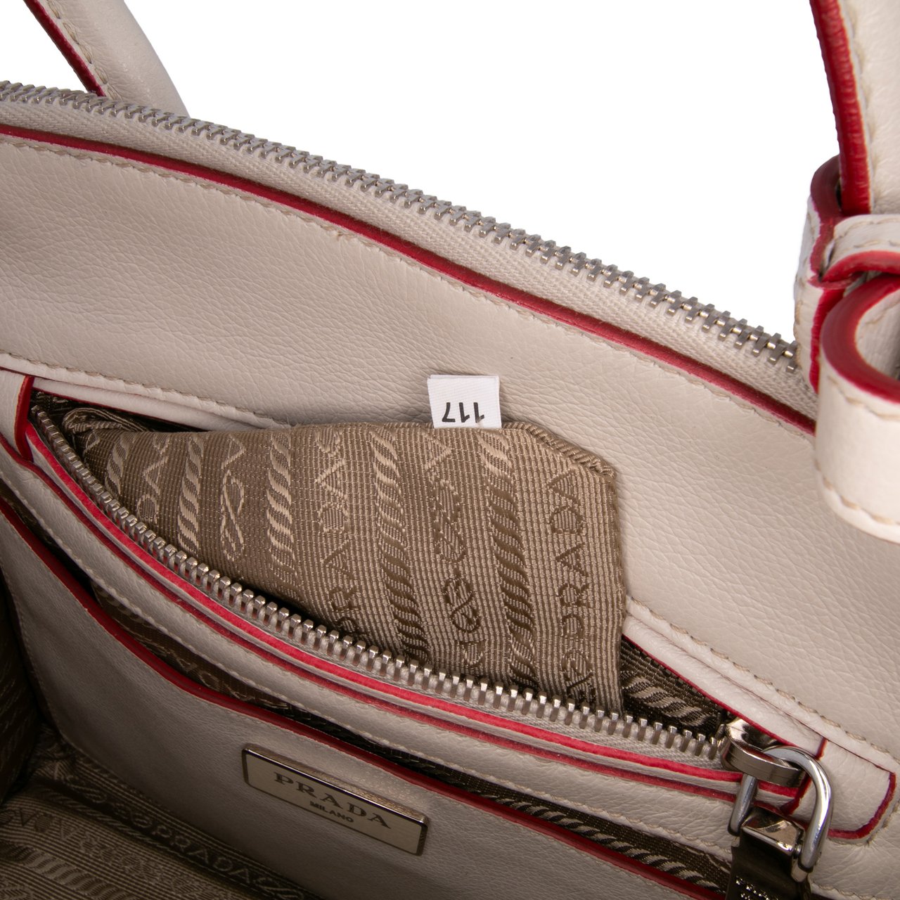 Prada Mini Scamosciato Trimmed Glace Calf Twin Pocket Satchel Wit
