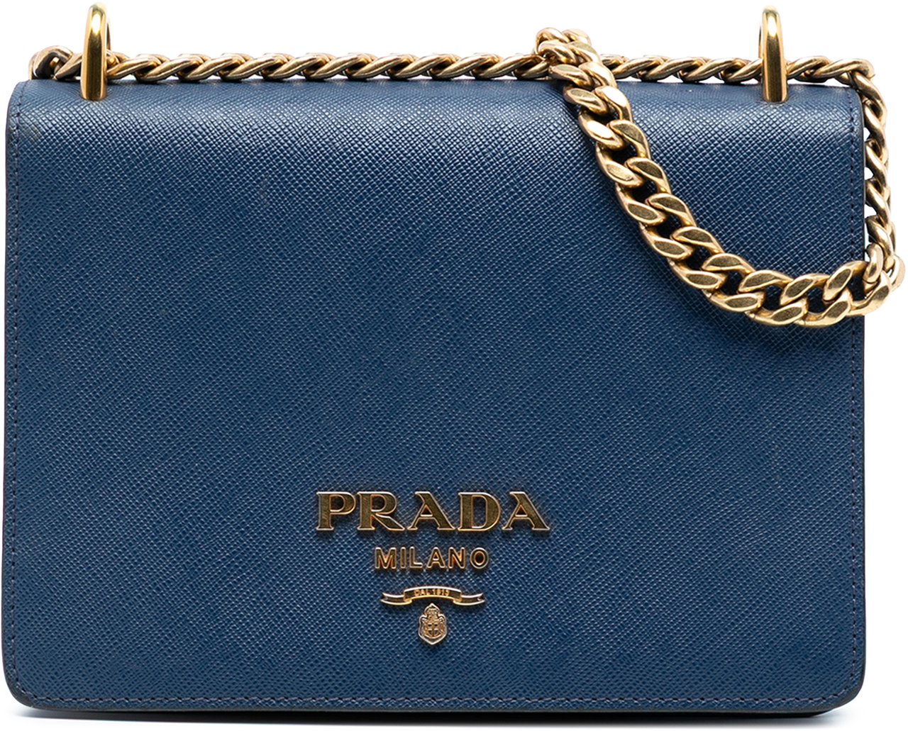 Prada Saffiano Lux Chain Crossbody Blauw