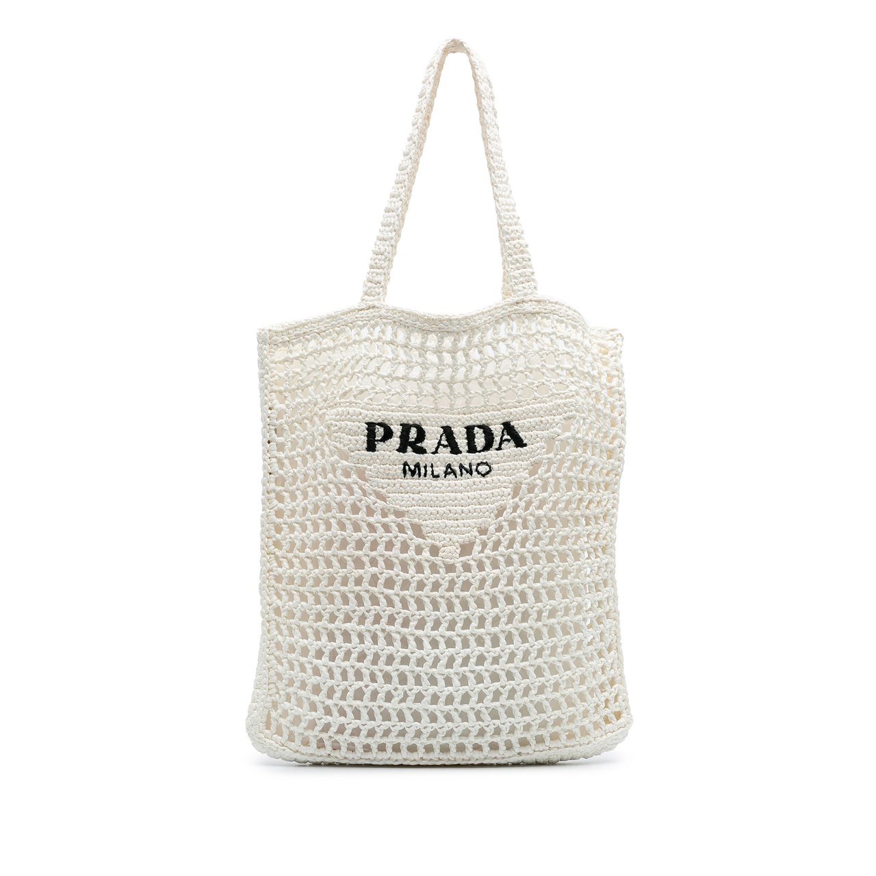 Prada Raffia Effect Crochet Logo Embroidered Tote Wit