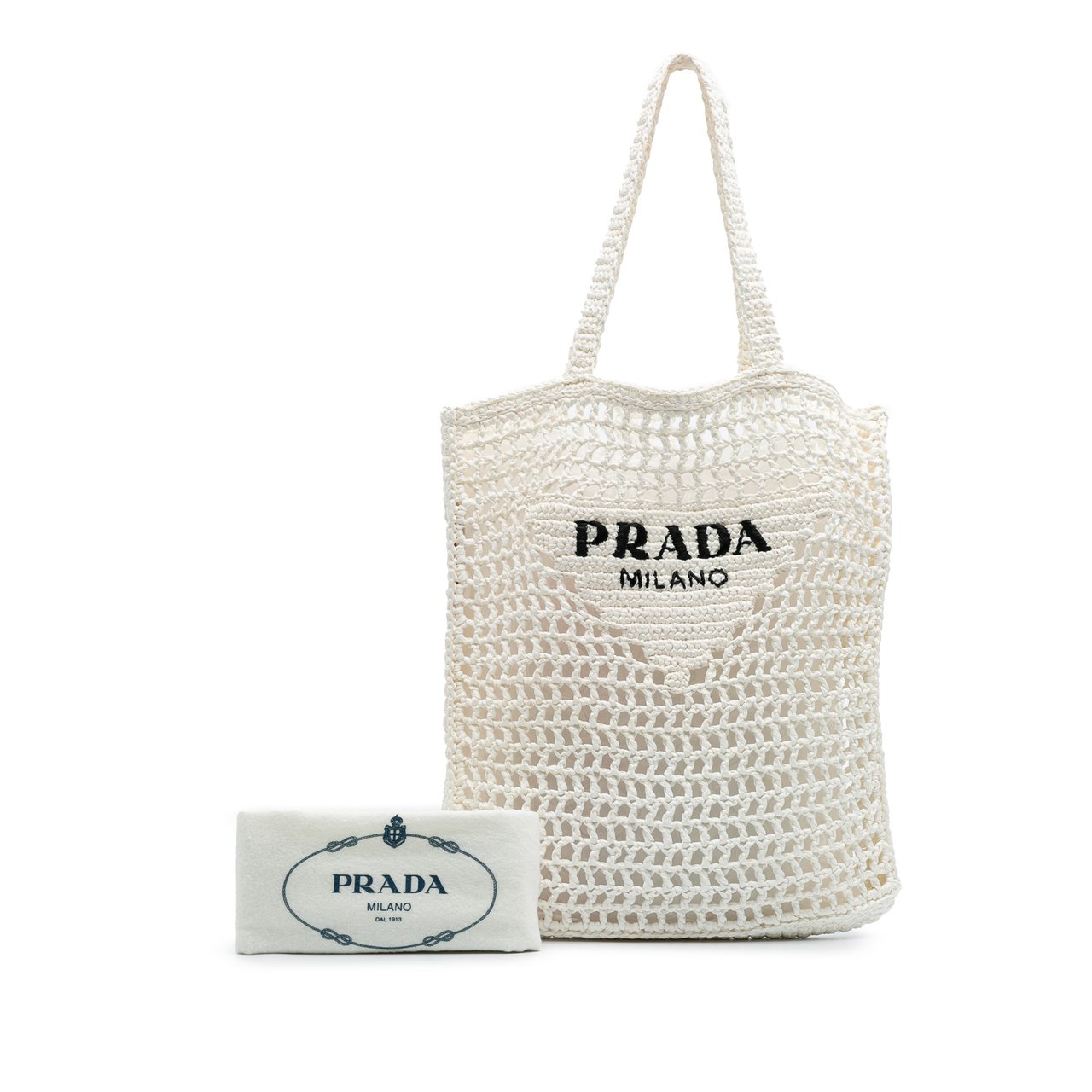 Prada Raffia Effect Crochet Logo Embroidered Tote Wit