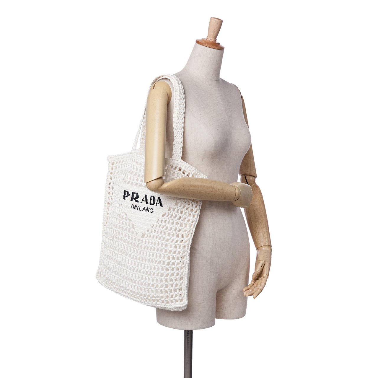 Prada Raffia Effect Crochet Logo Embroidered Tote Wit