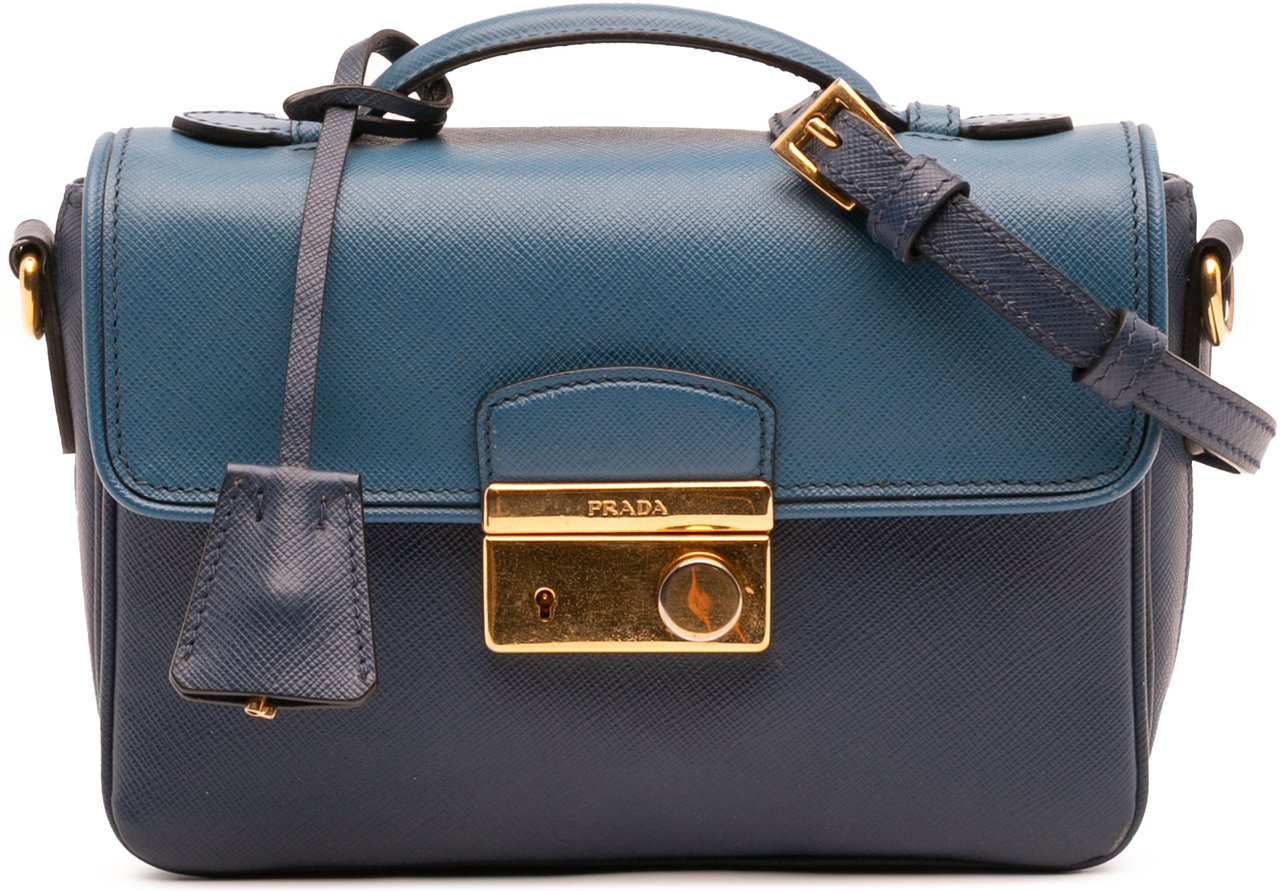 Prada Bicolor Saffiano Sound Lock Satchel Blauw