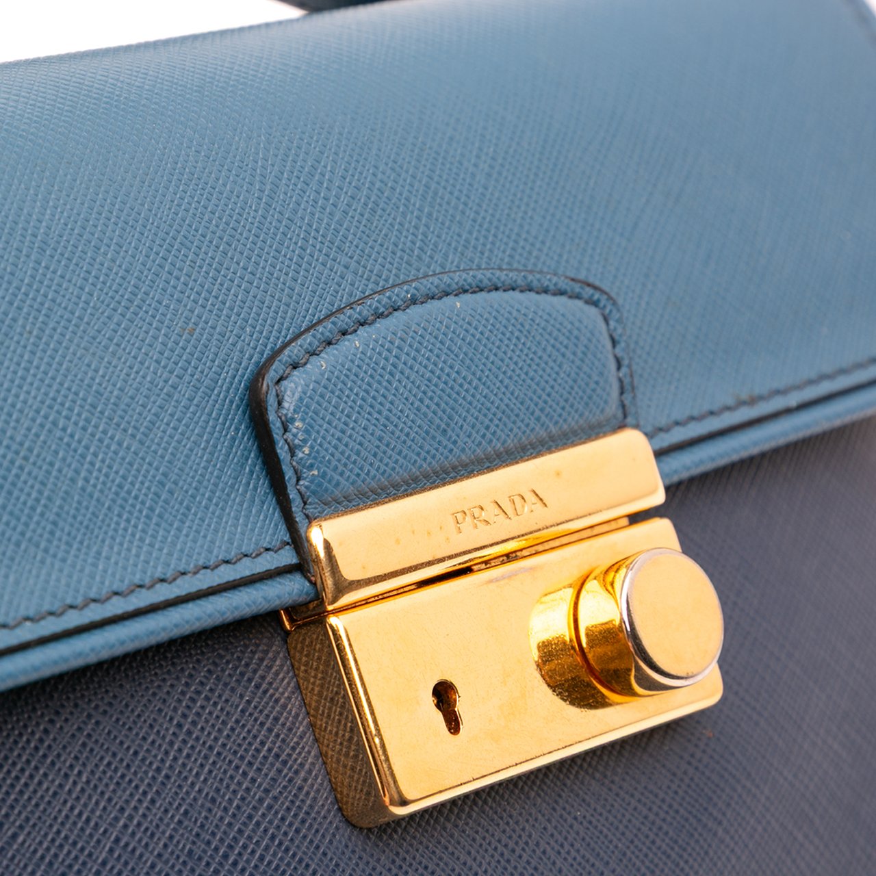 Prada Bicolor Saffiano Sound Lock Satchel Blauw