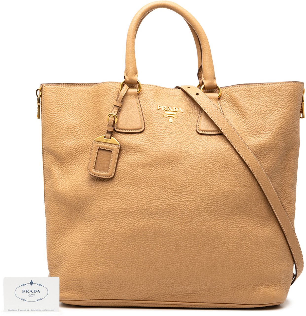 Prada Vitello Daino Side Zip Convertible Tote Bruin