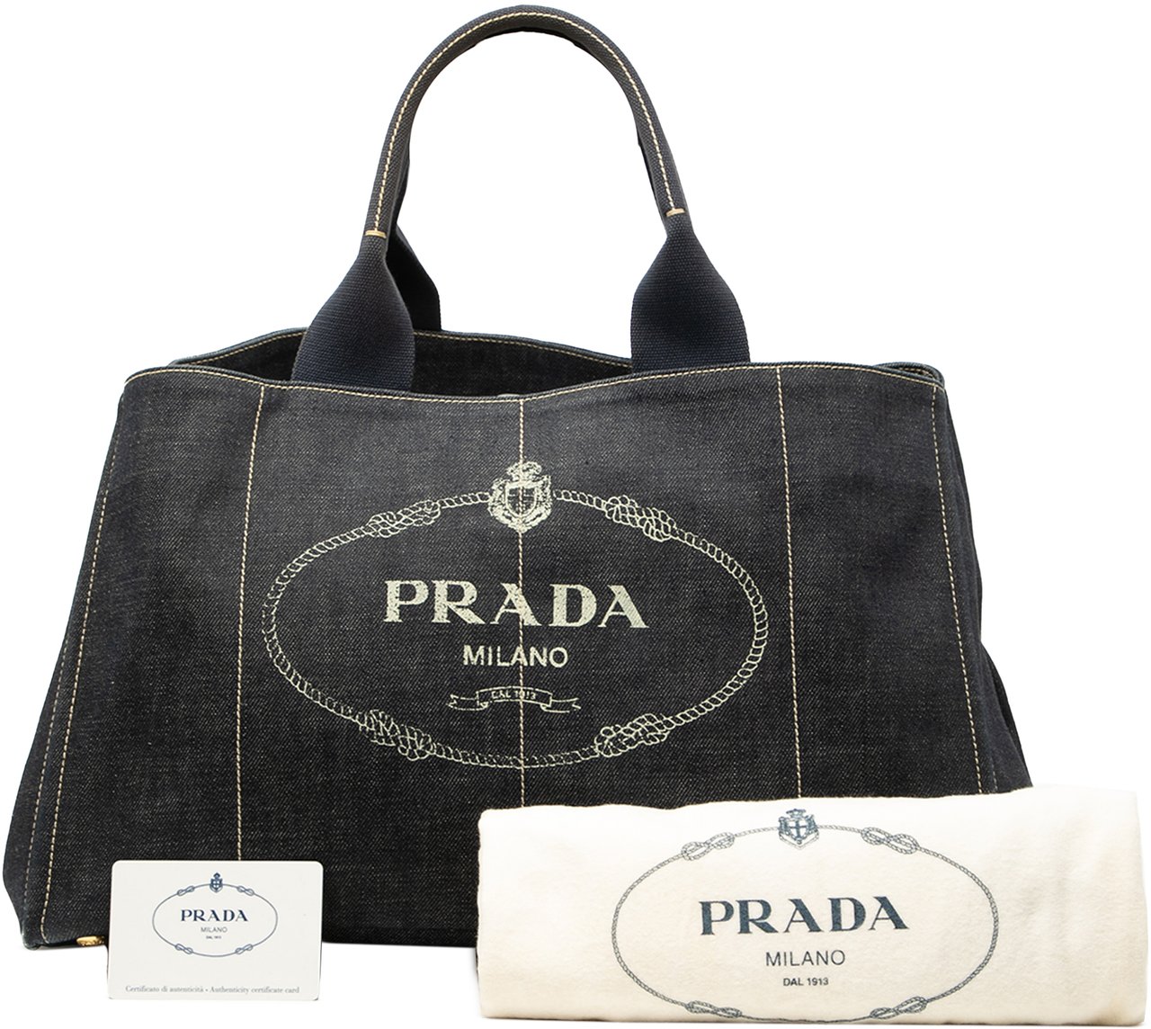 Prada Large Denim Canapa Logo Satchel Zwart