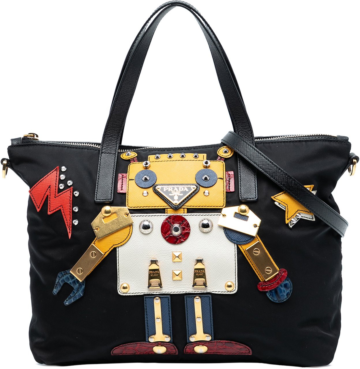 Prada Saffiano Trimmed Tessuto Robot Convertible Tote Zwart