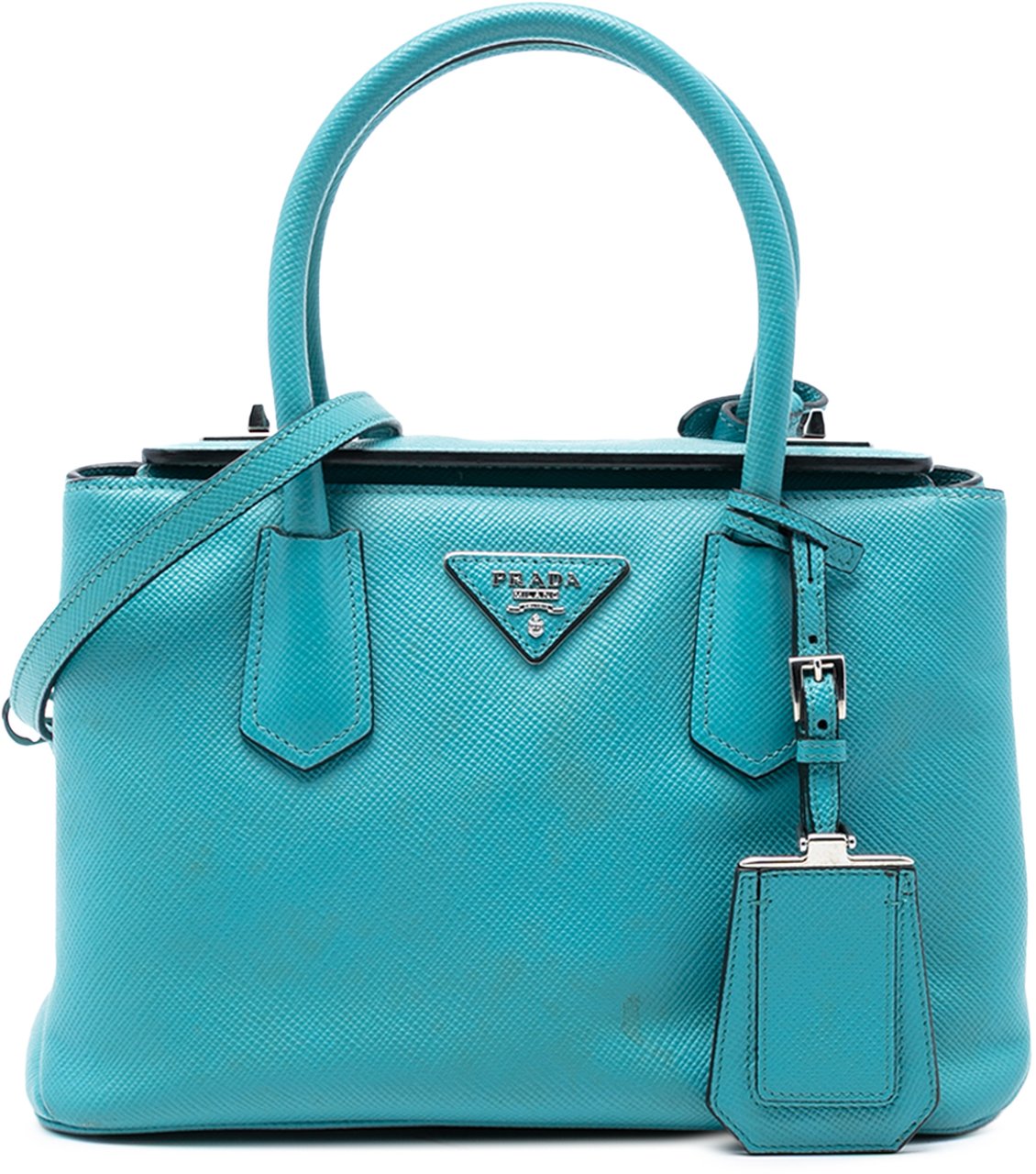 Prada Small Saffiano Cuir Turnlock Twin Satchel Blauw
