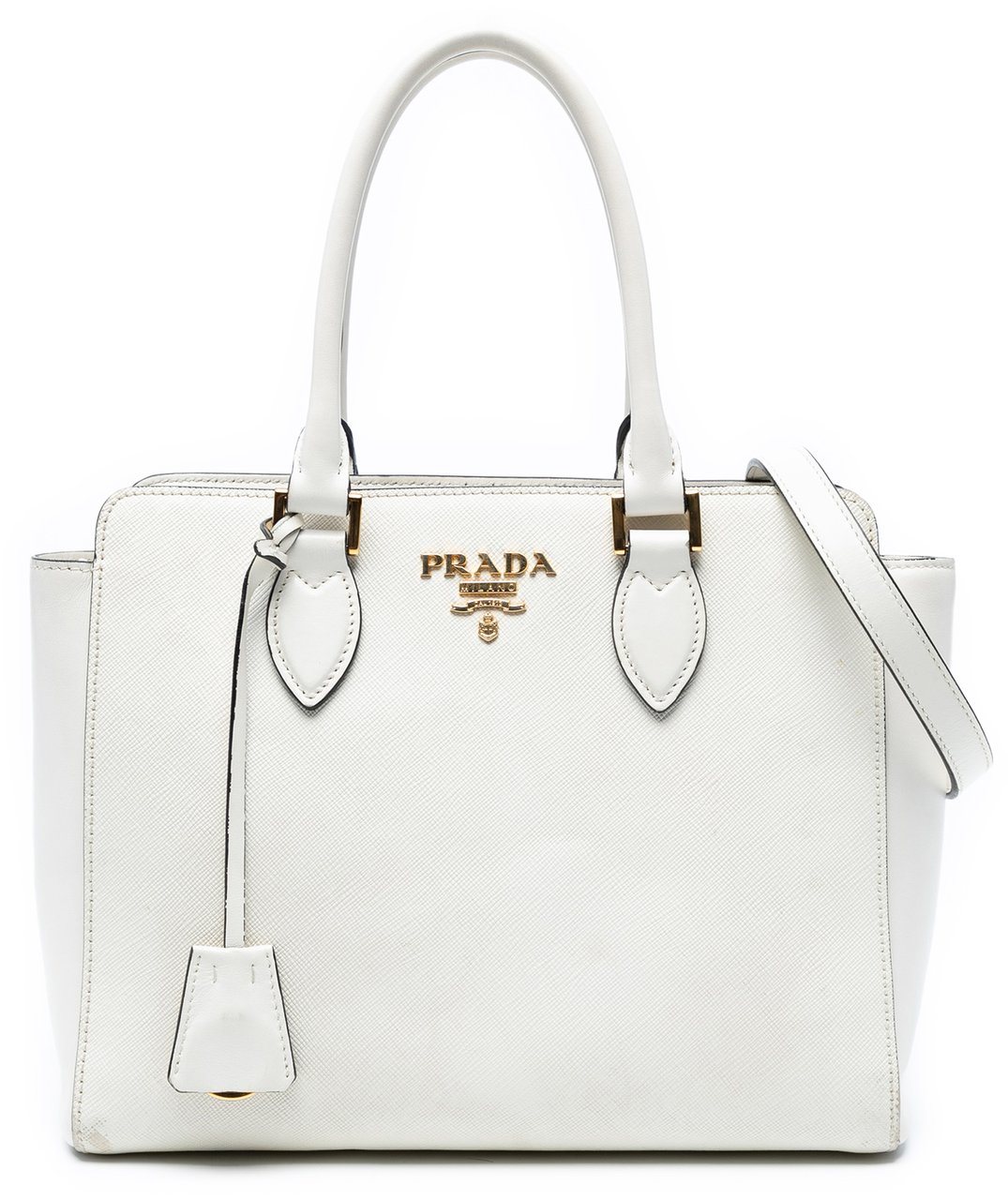 Prada Soft Calf Trimmed Saffiano Lux Open Convertible Tote Wit