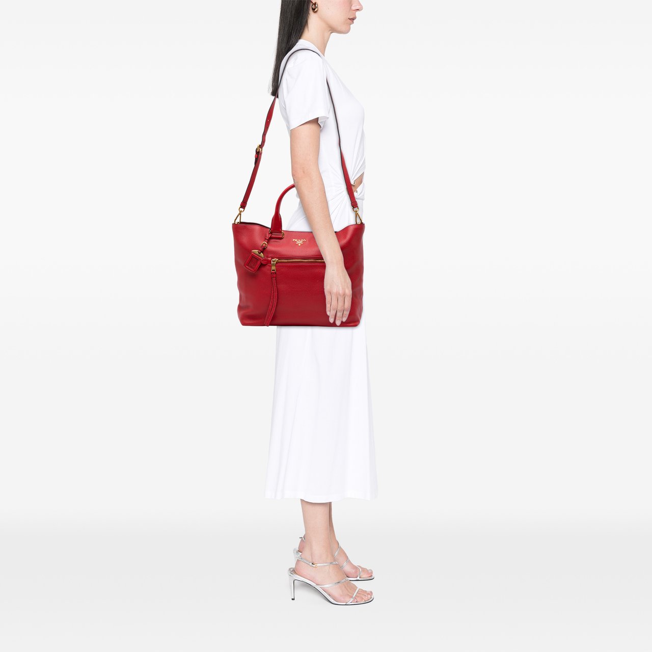 Prada Vitello Daino Open Convertible Tote Rood