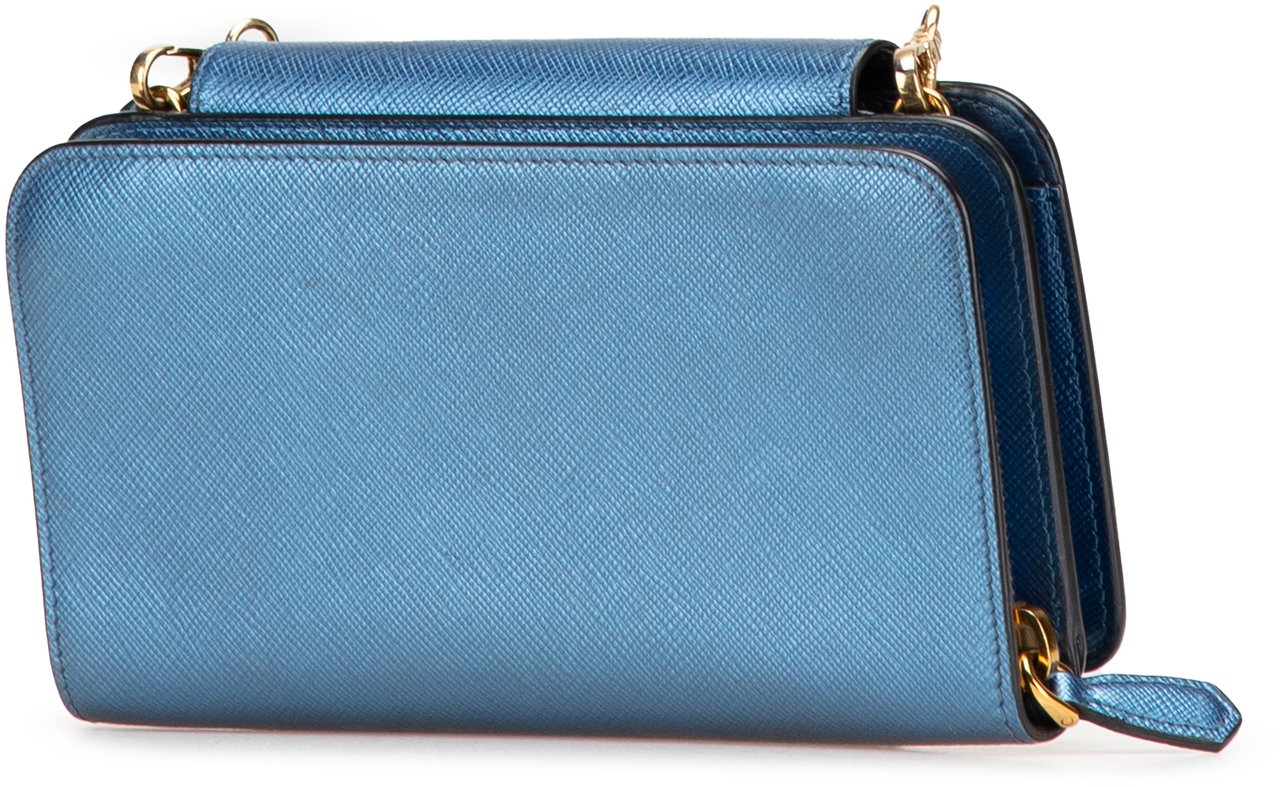 Prada Saffiano Metal Oral Phone Wallet on Chain Blauw