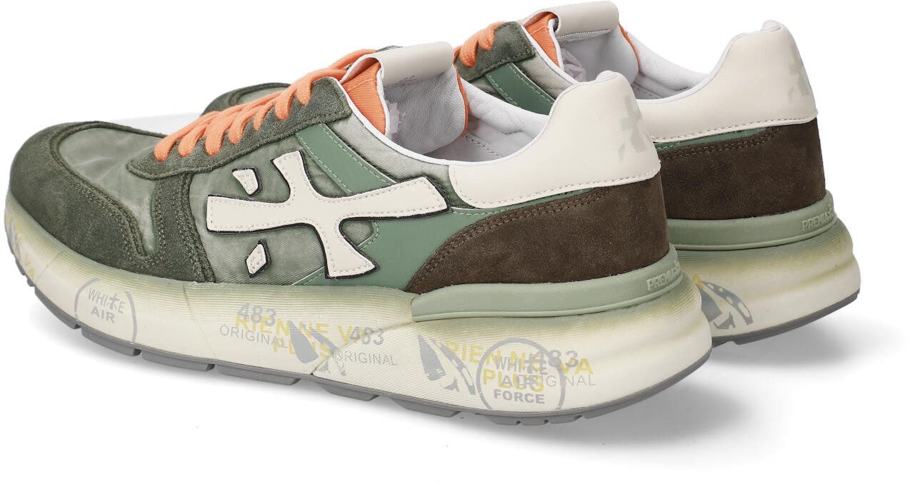 Premiata Baskets Mick toile suède kaki délavé logo blanc lacets orange Premiata Homme 7244 Sneakers Divers