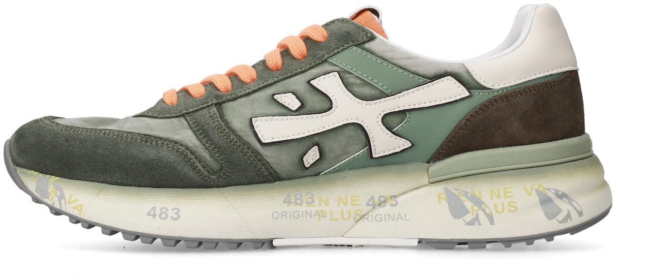 Premiata Baskets Mick toile suède kaki délavé logo blanc lacets orange Premiata Homme 7244 Sneakers Divers