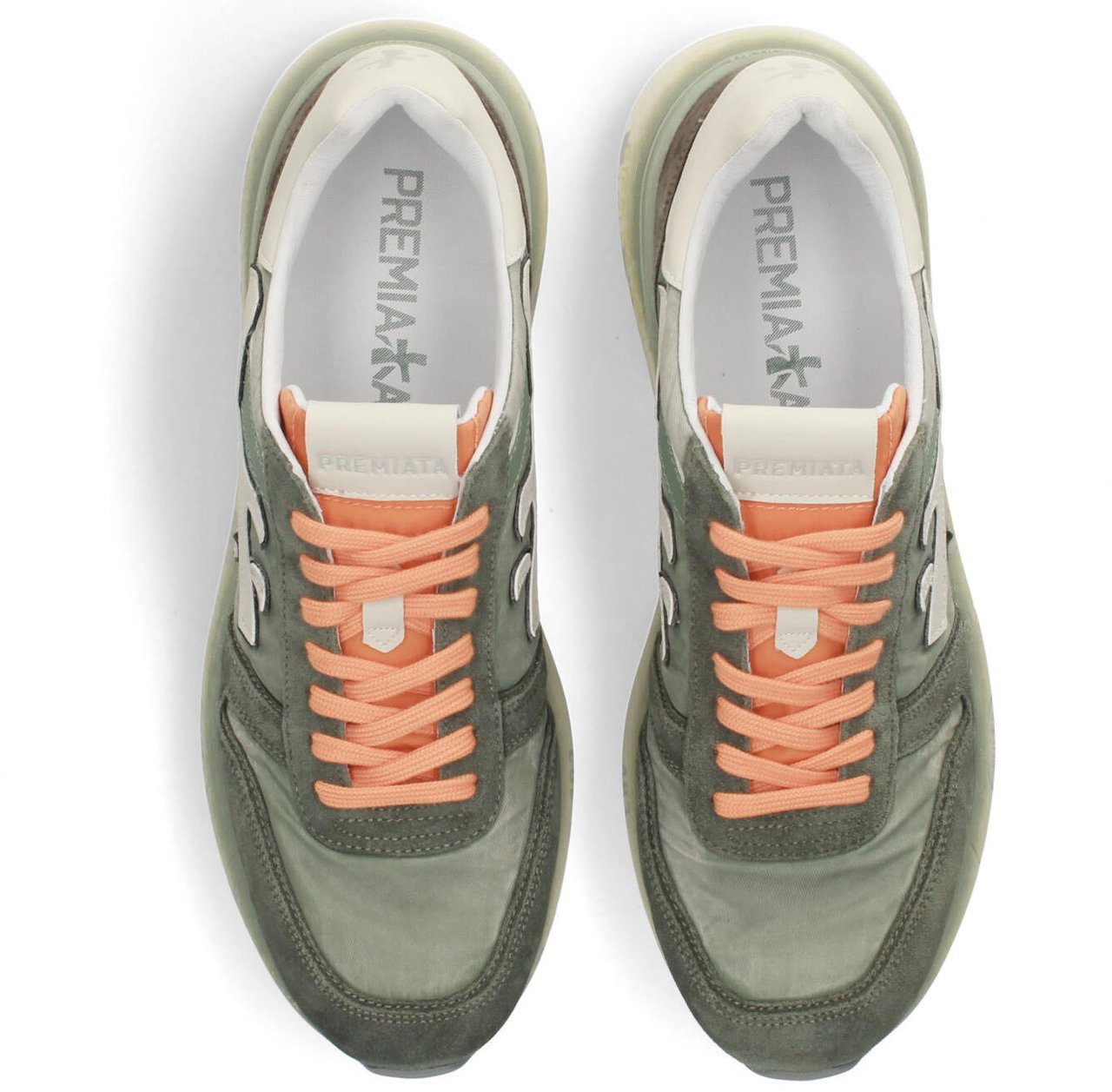 Premiata Baskets Mick toile suède kaki délavé logo blanc lacets orange Premiata Homme 7244 Sneakers Divers