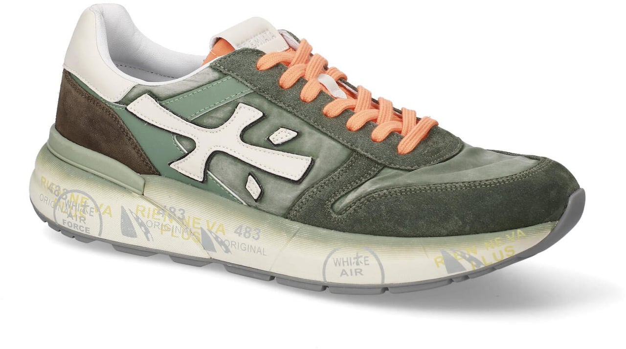 Premiata Baskets Mick toile suède kaki délavé logo blanc lacets orange Premiata Homme 7244 Sneakers Divers