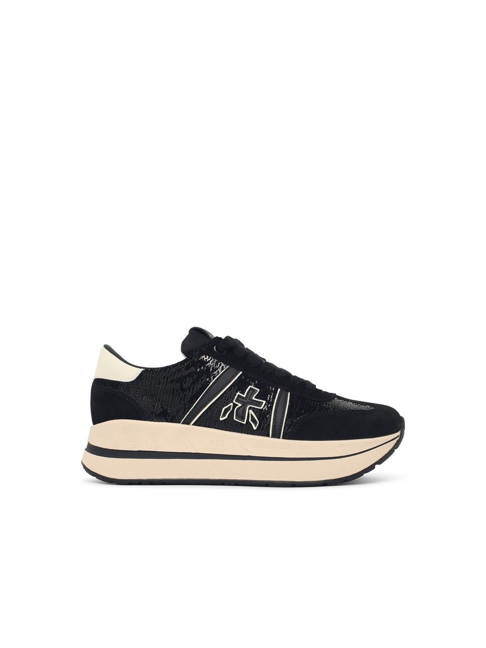 Premiata Grey Fabric Blend Sneakers With Sequin Texture And Suede Accents Zwart