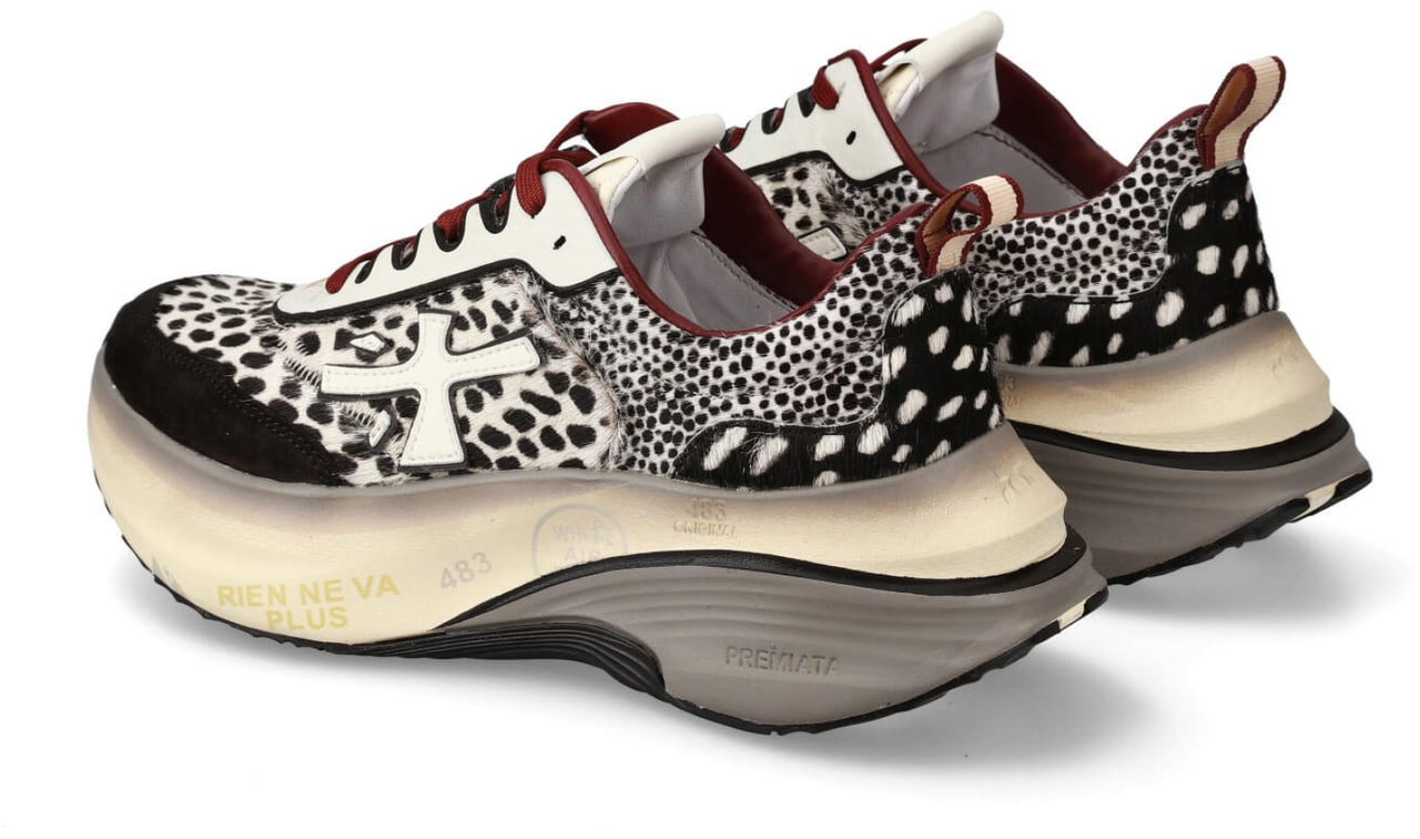 Premiata Sneakers Hill in cavallino bianco nero e riporti in suede nero e pelle bianca Blauw