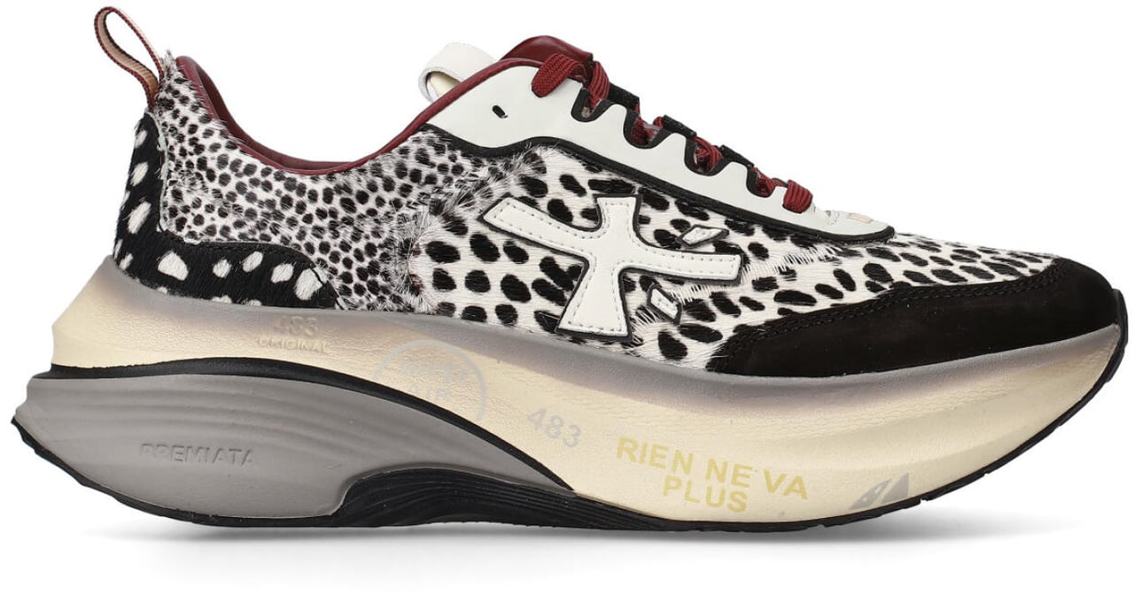 Premiata Sneakers Hill in cavallino bianco nero e riporti in suede nero e pelle bianca Blauw
