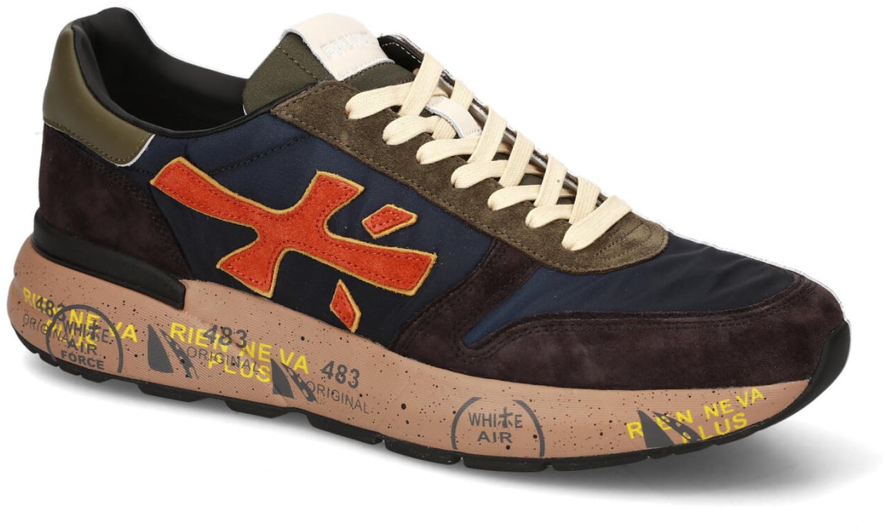 Premiata Sneakers Mick in pelle scamosciata marrone e tessuto tecnico blu Blauw