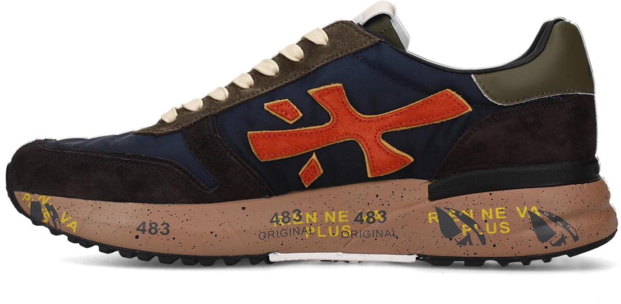 Premiata Sneakers Mick in pelle scamosciata marrone e tessuto tecnico blu Blauw