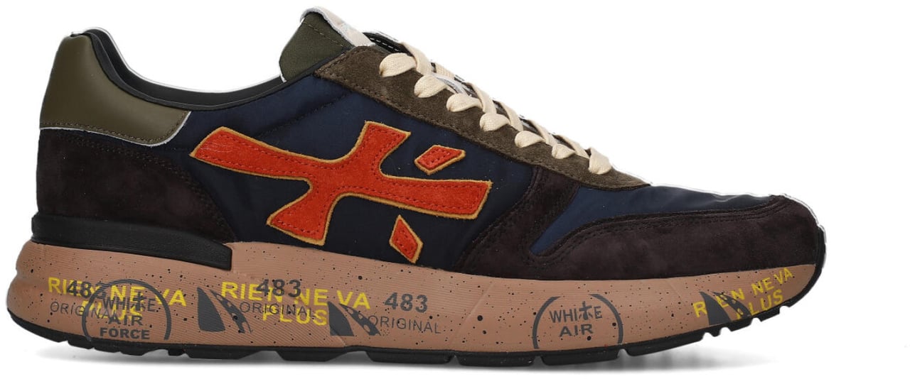 Premiata Sneakers Mick in pelle scamosciata marrone e tessuto tecnico blu Blauw